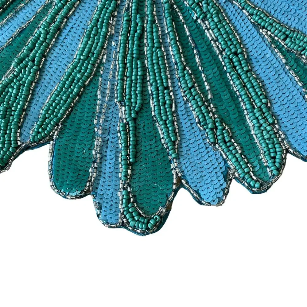 TAHARI HOME Glass Hand Beaded Charger Placemat 15in Blue Green Silver Floral NEW
